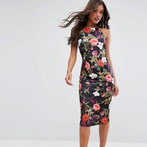 asos black floral high neck midi pencil dress 6